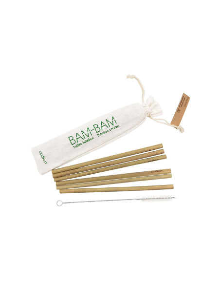 Sett med 6 Cookut Bam-Bam bambussugerør + rengjøringsbørste og oppbevaringspose