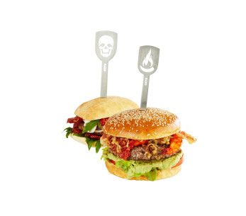 Set om 2 Gefu Torro hamburgerplockare med dödskalle och korslagda ben