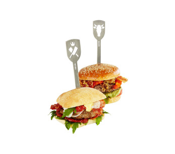 Juego de 2 pinchos para hamburguesas Gefu Torro con motivos de toros y cuchillas