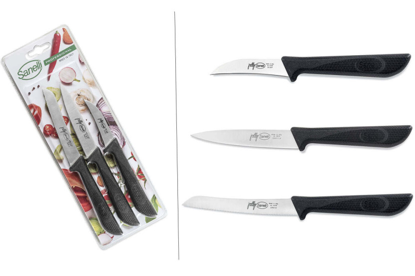 Conjunto de 3 facas de cozinha Sanelli Jolly em aço inoxidável com cabos pretos