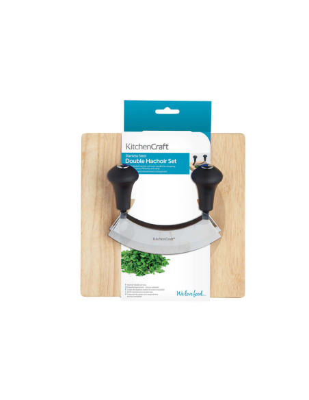 Kitchen Craft roestvrijstalen hakmolen met dubbel lemmet + houten plankenset