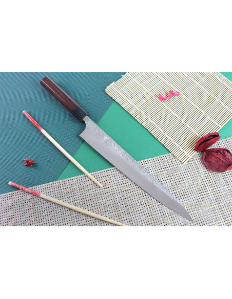 Hamret japansk sujihiki-kniv Yu Kurosaki Shizuku 27 cm SG2-stål