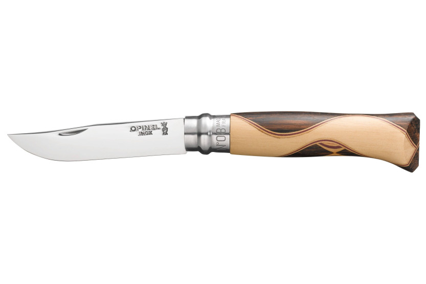 Opinel kniv Chaperon n°8 blad 8,5cm håndtak 4 sjeldne tresorter + etui