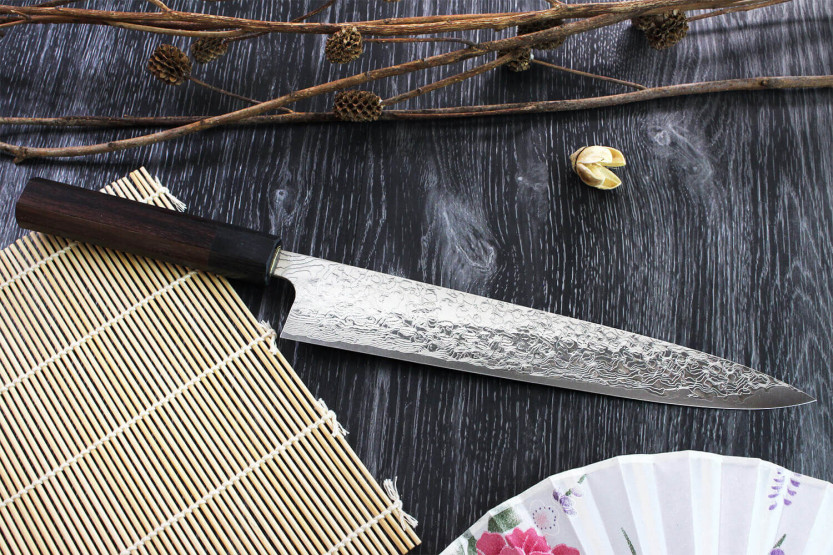 Takeshi Saji R2 Damascus 24cm handgemaakt Japans sujihiki mes
