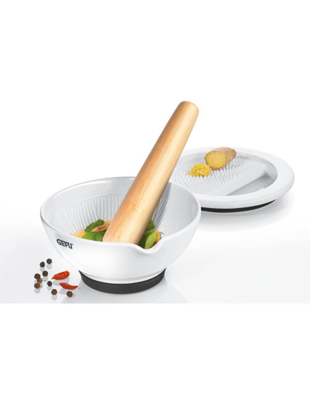 Gefu Suri porselensmorter med integrert rivjern - Diameter 13,5 cm