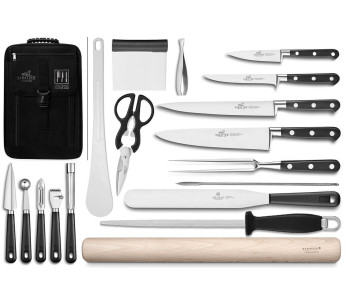 Saco do chefe Sabatier Idéal Inox 4 facas de cozinha francesas + 14 utensílios - Exclusividade
