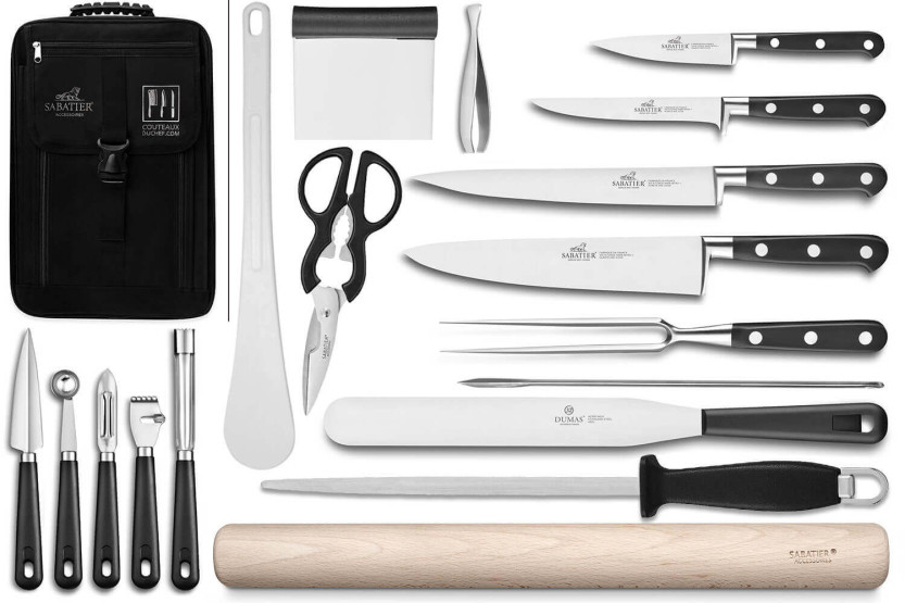 Bolsa de cocinero Sabatier Idéal Inox 4 cuchillos de cocina franceses + 14 utensilios - Exclusividad