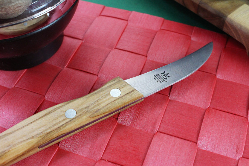 Gehring Look Cuchillo de pico de pájaro 6cm hoja damasco 65 capas mango madera de olivo