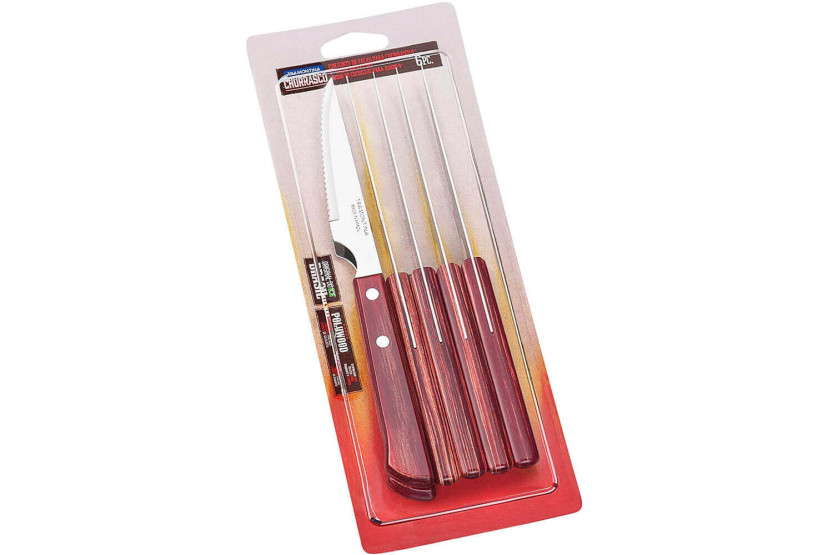 Set of 6 Tramontina steak knives, 11cm serrated blade, red handle