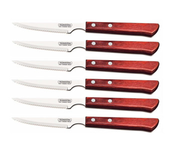 Set med 6 Tramontina-stekknivar, 11 cm tandat blad, rött skaft