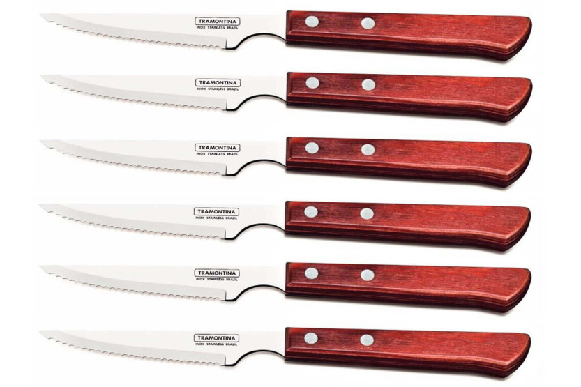 Set of 6 Tramontina steak knives, 11cm serrated blade, red handle