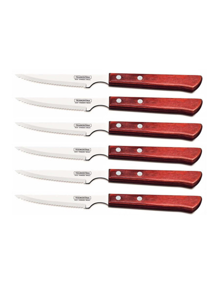 Sæt med 6 Tramontina-steakknive, 11 cm savtakket blad, rødt skaft