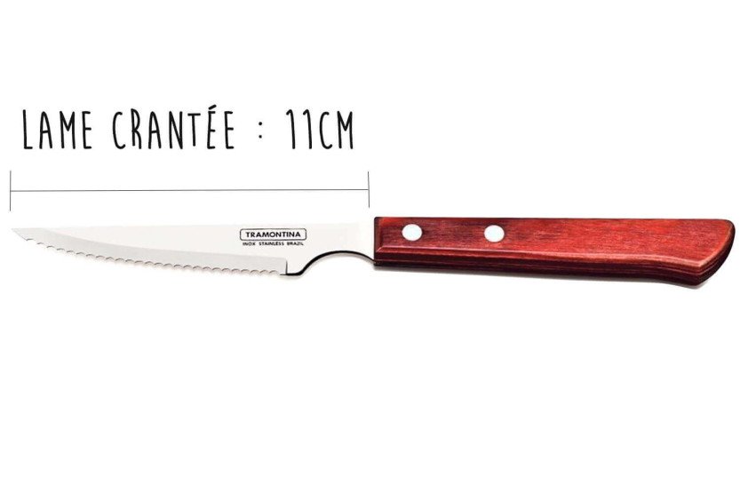 Sæt med 6 Tramontina-steakknive, 11 cm savtakket blad, rødt skaft