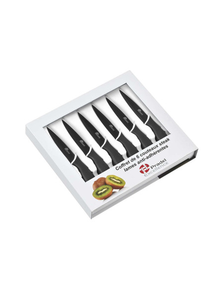 Set van 6 Pradel Excellence steakmessen zwart lemmet 10cm antiaanbaklaag