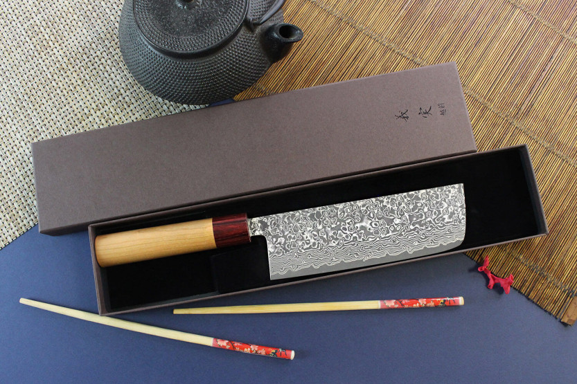 faca nakiri Japonês artesanal Yoshimi Kato 16,5cm VG10 Níquel Damasco cerisier