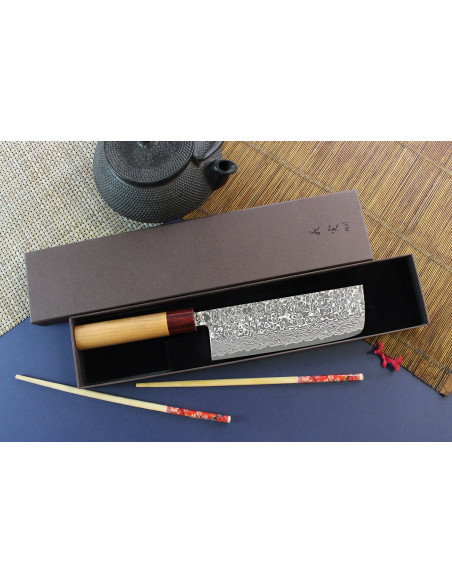 faca nakiri Japonês artesanal Yoshimi Kato 16,5cm VG10 Níquel Damasco cerisier