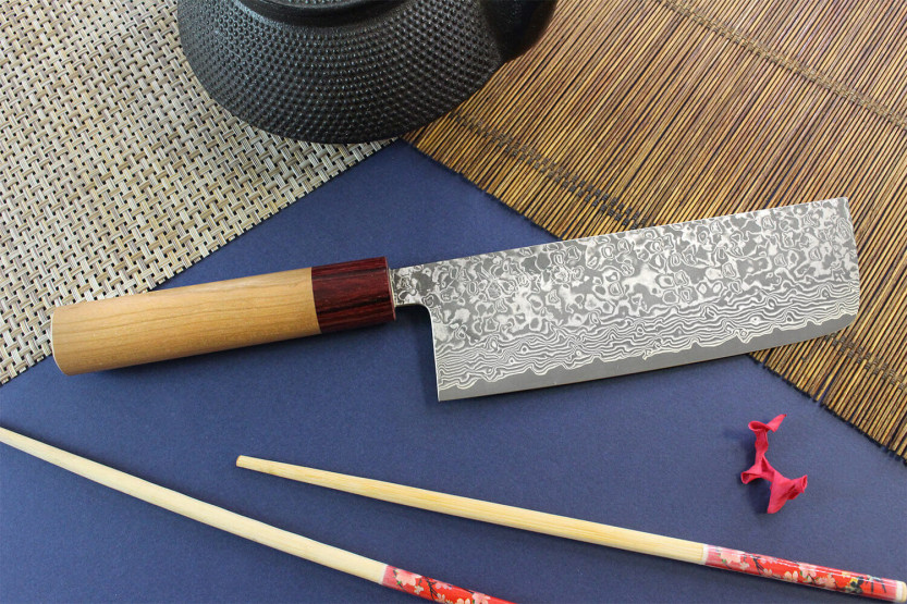 faca nakiri Japonês artesanal Yoshimi Kato 16,5cm VG10 Níquel Damasco cerisier