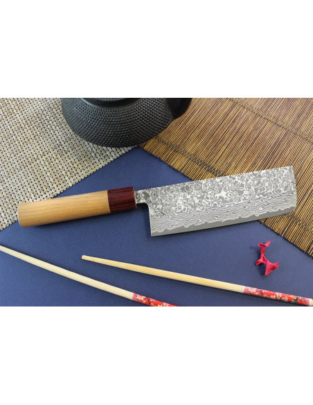 faca nakiri Japonês artesanal Yoshimi Kato 16,5cm VG10 Níquel Damasco cerisier