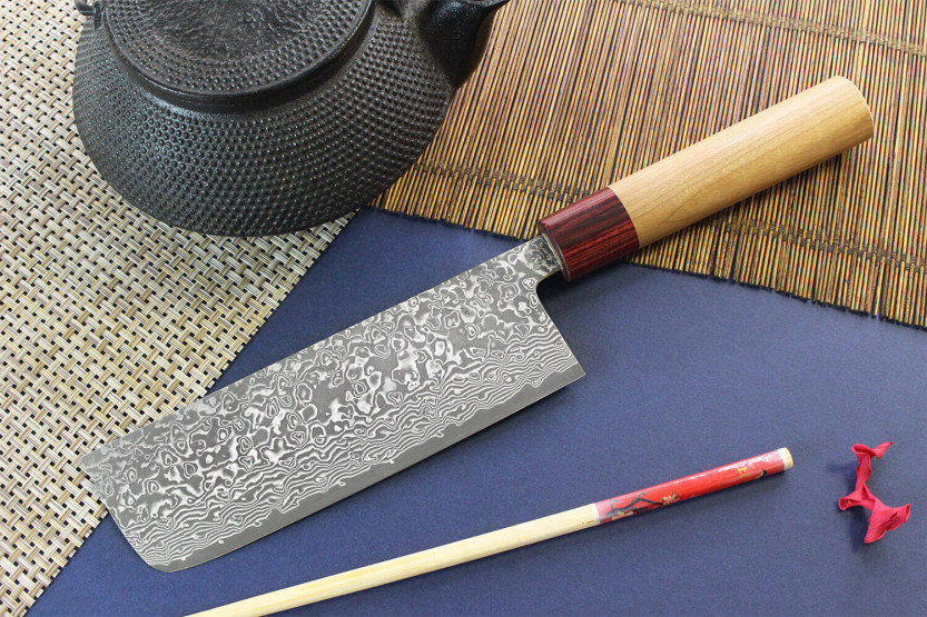 faca nakiri Japonês artesanal Yoshimi Kato 16,5cm VG10 Níquel Damasco cerisier