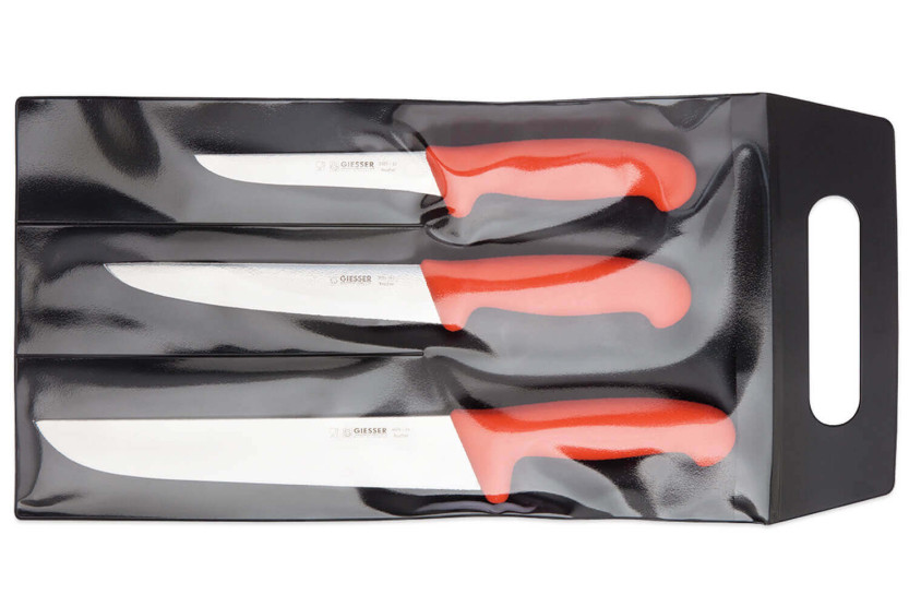 Juego de 3 cuchillos de carnicero profesionales Giesser, mango rojo