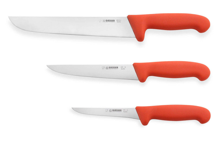 Set bestehend aus 3 professionellen Fleischermessern Giesser roter Griff