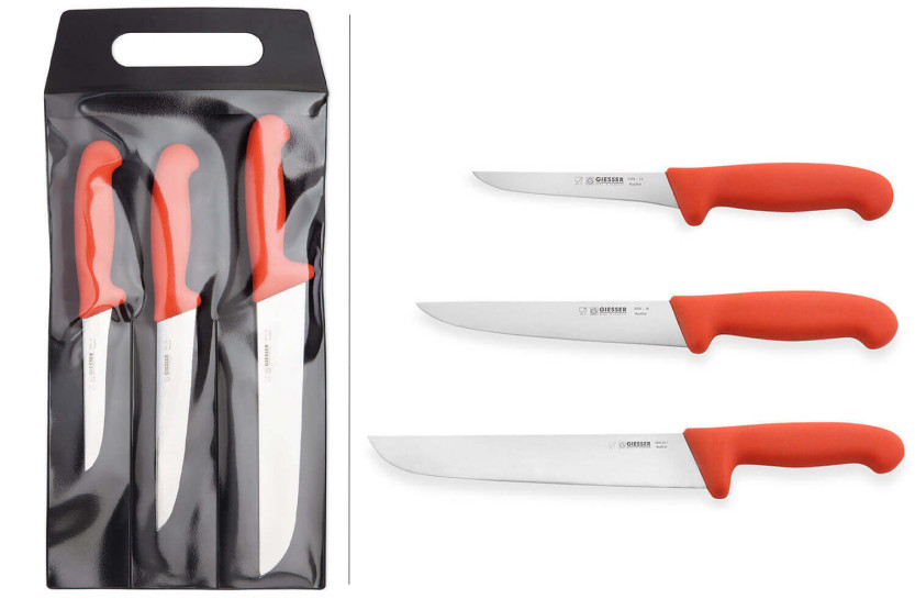 Set bestehend aus 3 professionellen Fleischermessern Giesser roter Griff