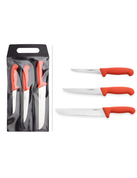 Juego de 3 cuchillos de carnicero profesionales Giesser, mango rojo