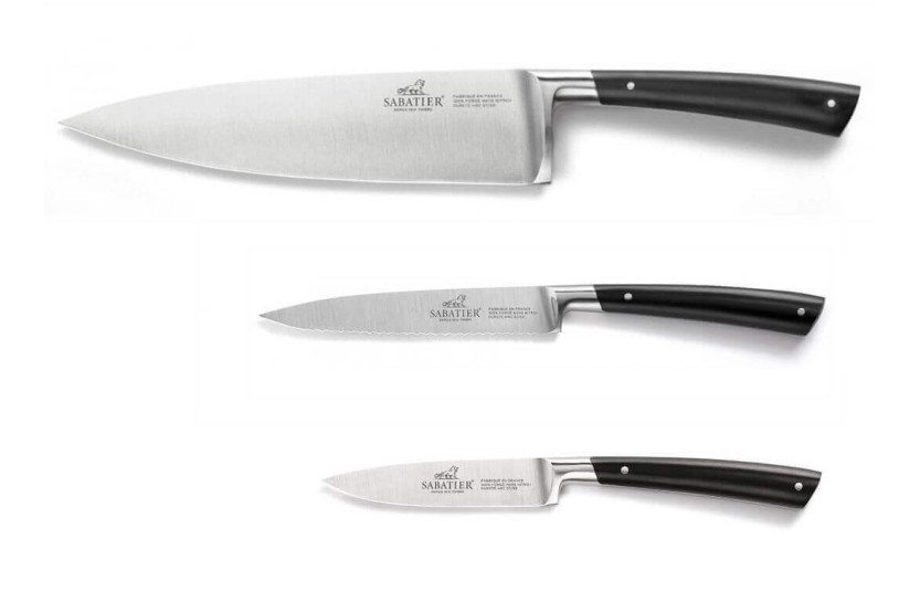 Sett med 3 Sabatier Edonist smidde kniver i rustfritt stål med svart skaft