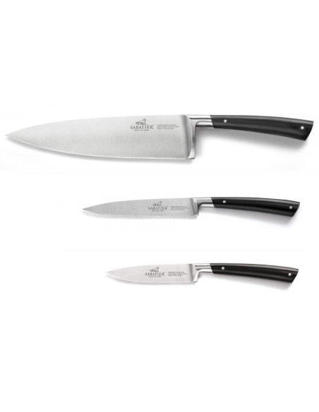 Sett med 3 Sabatier Edonist smidde kniver i rustfritt stål med svart skaft