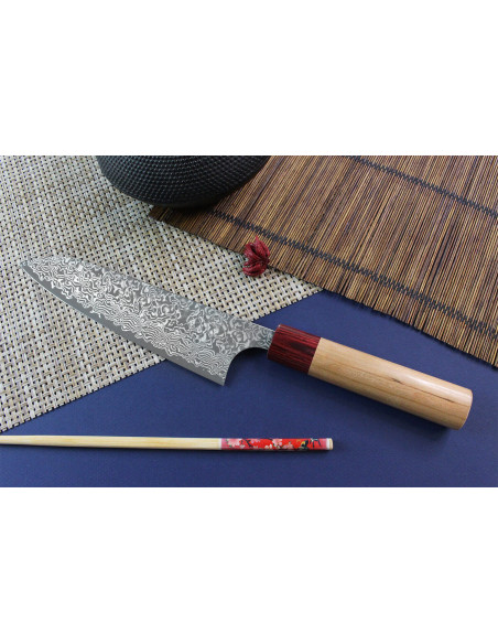 Faca de chef japonesa Yoshimi Kato 18cm VG10 Níquel Damasco em madeira de cerejeira feita à mão