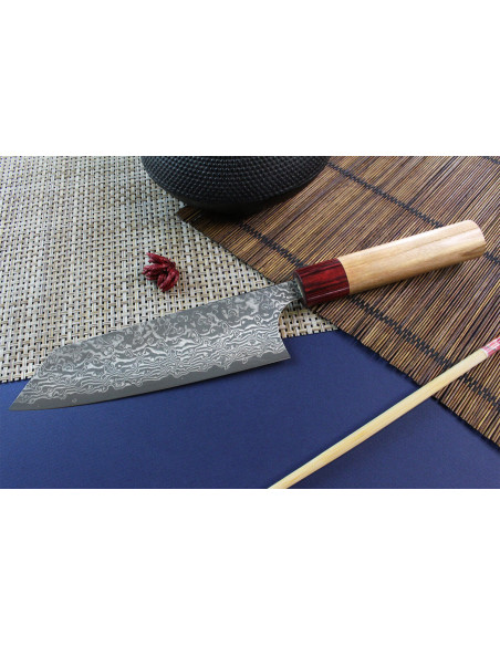 Yoshimi Kato 16,5cm VG10  Damasco madera de cerezo cuchillo japonés hecho a mano bunka