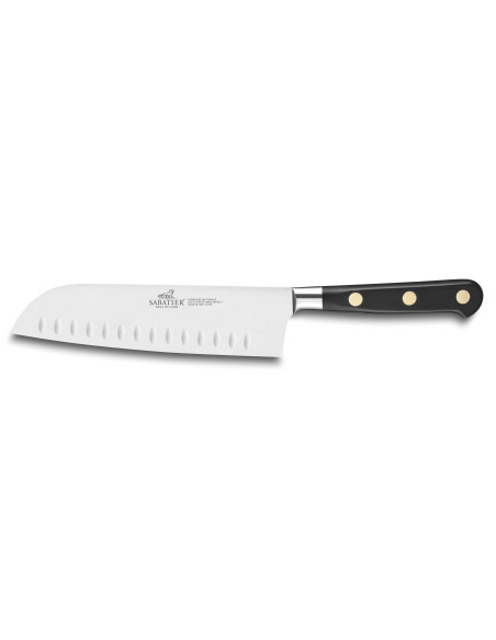 Conjunto Sabatier em caixa 2 facas de latão Ideal Office + cabo POM preto Santoku