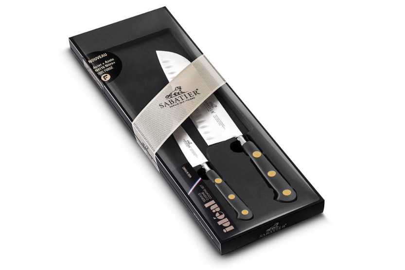 Sabatier estuche 2 cuchillos Ideal Office latón + Santoku mango POM negro