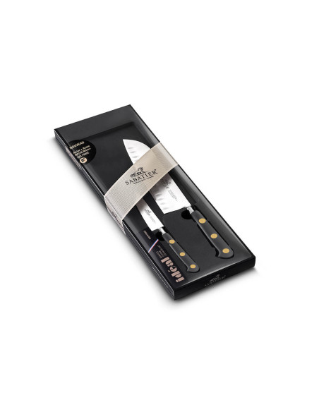 Sabatier estuche 2 cuchillos Ideal Office latón + Santoku mango POM negro
