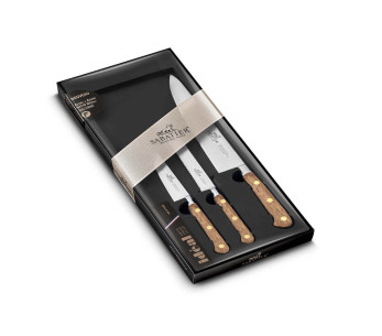 Set di 3 coltelli da ufficio + verdure + chef Sabatier con manici in legno di noce