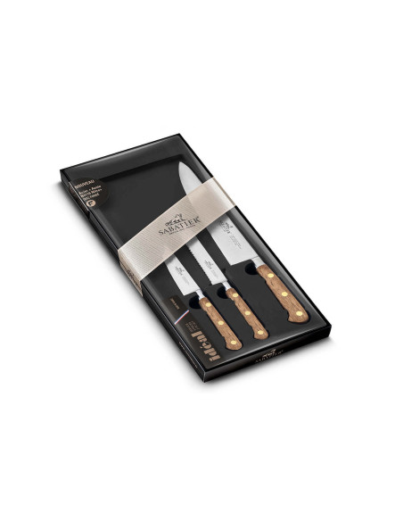 Sabatier Set 3 Messer Office + Gemüse + Chefkoch Griff aus Walnussholz