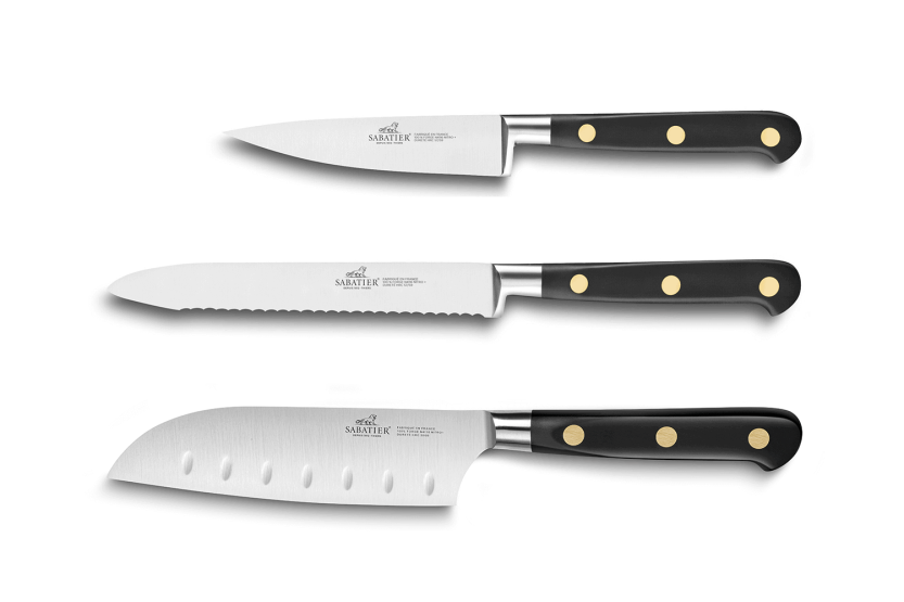 Juego de 3 cuchillos Sabatier Ideal de acero inoxidable con remaches de latón Office + Universal + Mini Santoku