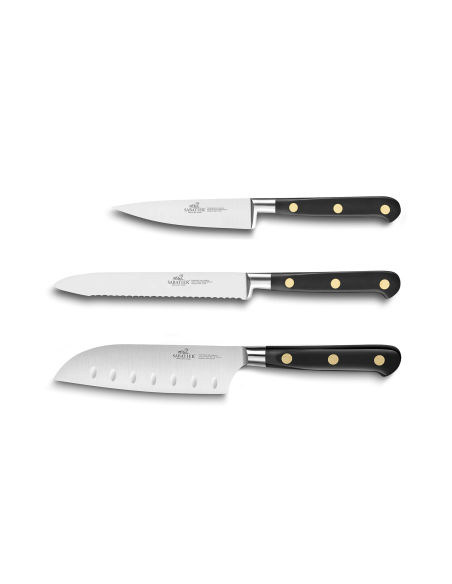 Sett med 3 Sabatier Ideal-kniver i rustfritt stål med messingnagler Office + Universel + Mini Santoku