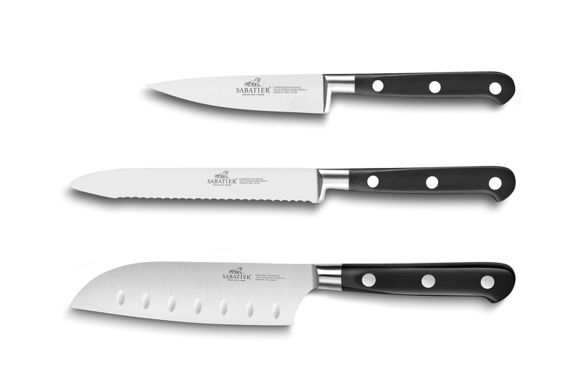 Set om 3 Sabatier Ideal i rostfritt stål Kontor + Universal + Mini Santoku-knivar
