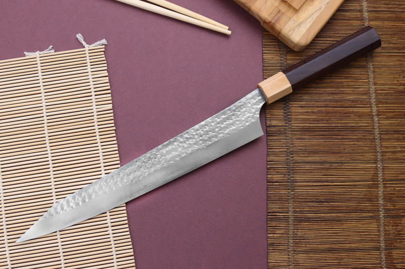 Couteau sujihiki cherry giapponese artigianale martelé Yu Kurosaki senko 27cm acier SG2