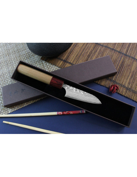 Faca de aparar japonesa artesanal Yoshimi Kato 8,5cm VG10  Damasco em madeira de cerejeira