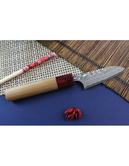 Faca de aparar japonesa artesanal Yoshimi Kato 8,5cm VG10  Damasco em madeira de cerejeira