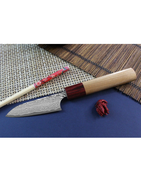 Faca de aparar japonesa artesanal Yoshimi Kato 8,5cm VG10  Damasco em madeira de cerejeira