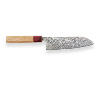 Yoshimi Kato 17cm SG2 Damaskus körsbärsträ handgjord japansk santokukniv