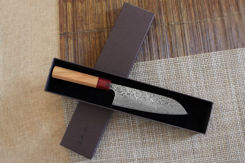 faca santoku japonesa faca santoku Yoshimi Kato 17cm SG2 Damasco em madeira de cerejeira feita à mão