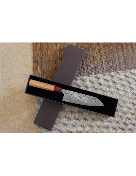 Japanisches handgefertigtes santokumesser Yoshimi Kato 17cm SG2 Damascus Kirschbaum