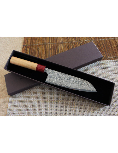 Käsintehty japanilainen santokuveitsi Yoshimi Kato 17cm VG10 Nikkeli Damascus kirsikkapuu
