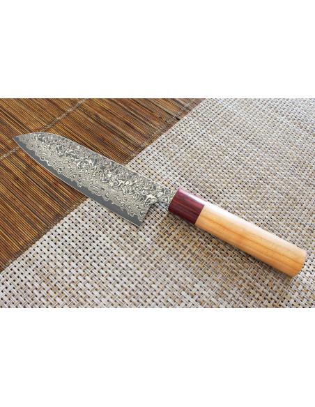 coltello santoku giapponese fatto a mano Yoshimi Kato 17 cm VG10 nichel damasco in legno di ciliegio