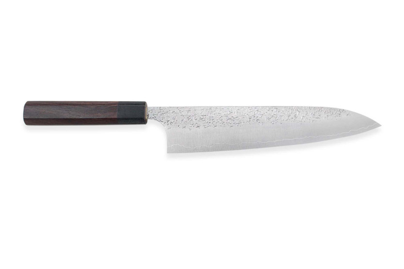 Faca de chef japonesa martelada artesanal Yu Kurosaki Shizuku 21cm em aço SG2