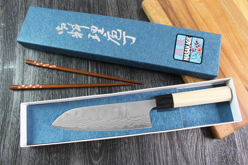 Masakage Shimo 17cm Shirogami handgemaakt Japans santoku mes